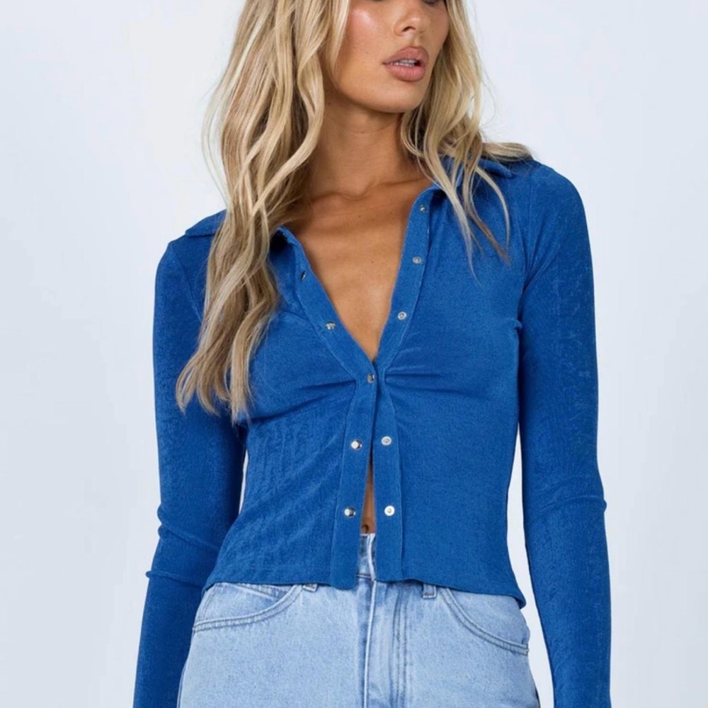 Blue Long Sleeve Button-Up Top